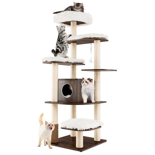 7-Layer Wooden Cat Tree Tall Cat Tower with Sisal Posts and Condo-Natural