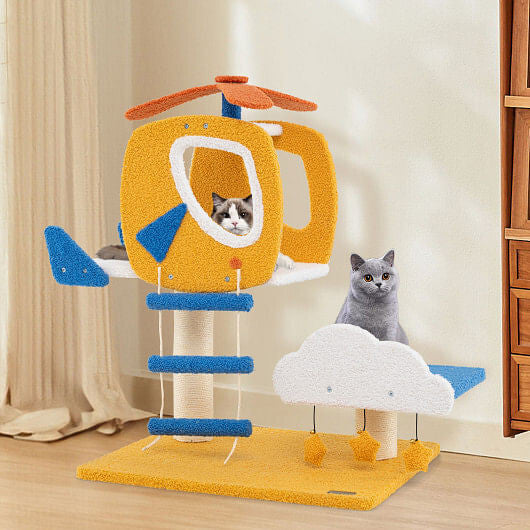 Indoor Small Aviation-themed Cat Tree Cat Tower with Helicopter Top Perch-Yellow